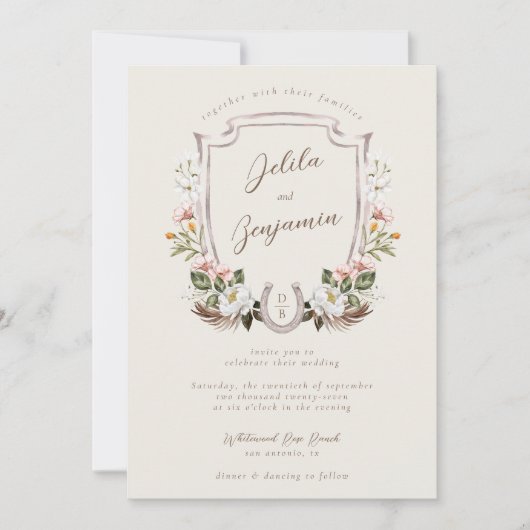 フローラクレストウエスタンホースシューモノグラム結婚ズ 招待状 (正面)