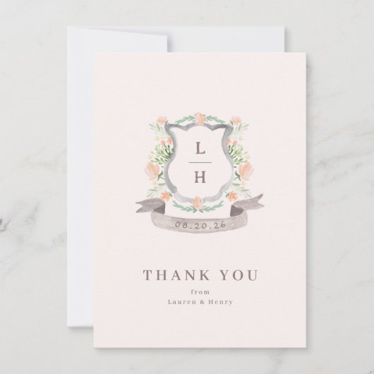 フローラクレストウォーターカラーモノグラム結婚ズフラット サンキューカード (正面)