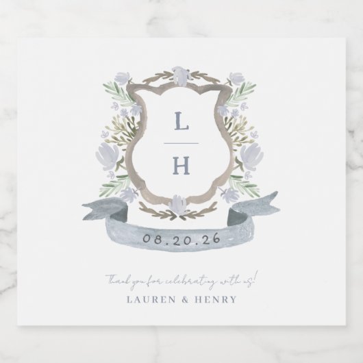 フローラクレストウォーターカラーモノグラム結婚ズ スパークリングワインラベル (シングルラベル)