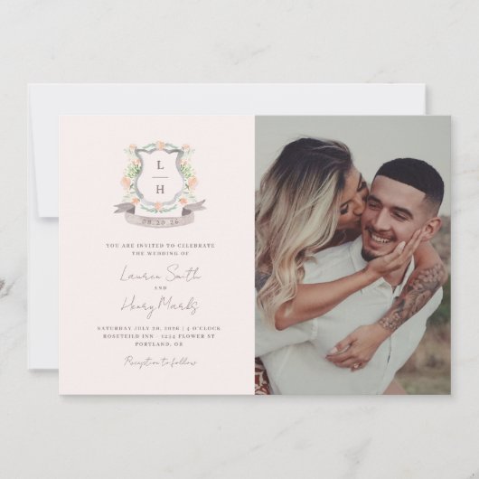 フローラクレストウォーターカラーモノグラム結婚ズ 招待状 (正面)