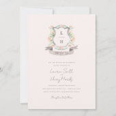 フローラクレストウォーターカラーモノグラム結婚ズ 招待状 (正面)