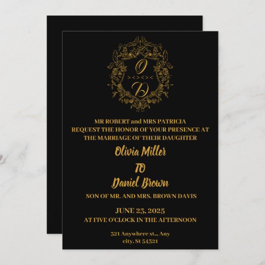 フローラクレストフレームロゴ金ゴールド結婚式招待状 招待状 (正面/裏面)