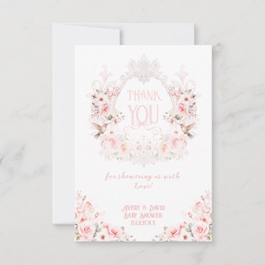 フローラクレスト赤面ピンク女の子ベビーシャワー サンキューカード (正面)