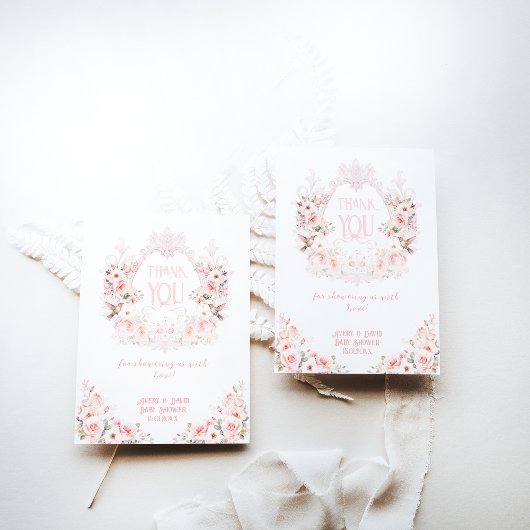 フローラクレスト赤面ピンク女の子ベビーシャワー サンキューカード