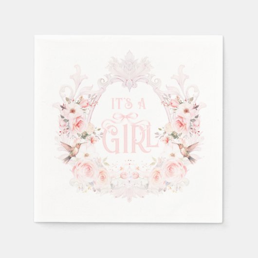 フローラクレスト赤面ピンク女の子ベビーシャワー スタンダードカクテルナプキン (正面)