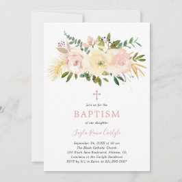 フローラクロスエレガント赤面ピンクベビーガールバプテスマ 招待状