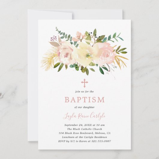 フローラクロスエレガント赤面ピンクベビーガールバプテスマ 招待状 (正面)