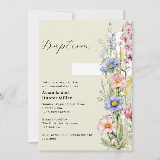 フローラクロスガール男の子ツインピンク青バプテスマ 招待状 (正面)