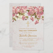 フローラクロスピンクの蘭の大理石最初の聖餐会 招待状 (正面/裏面)