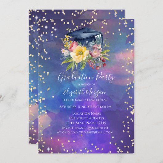 フローラグラッドキャップ、ダイヤモンド絵を描スプラッシュ卒業式 招待状 (正面/裏面)