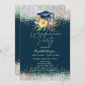 フローラグラッドキャップ、紙吹雪ネイビーブルー卒業 招待状 (正面/裏面)