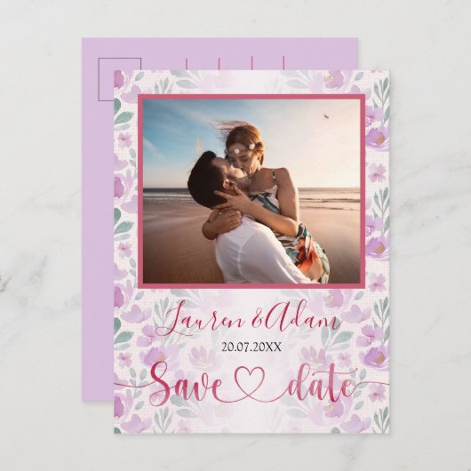 フローラグラデーションピンクと紫の水彩招待状 案内ポストカード (正面/裏面)