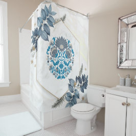 フローラグラフィックアートワーク、ティール（緑がかった色）フローラ曼荼羅 シャワーカーテン