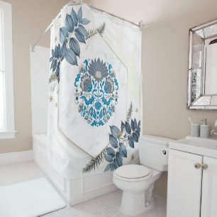 フローラグラフィックアートワーク、ティール（緑がかった色）フローラ曼荼羅 シャワーカーテン