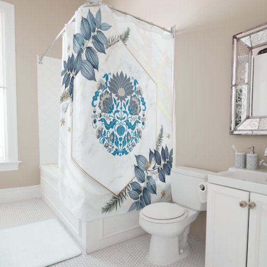 フローラグラフィックアートワーク、ティール（緑がかった色）フローラ曼荼羅 シャワーカーテン (インサイチュ)