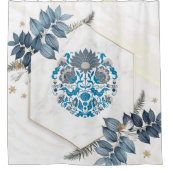 フローラグラフィックアートワーク、ティール（緑がかった色）フローラ曼荼羅 シャワーカーテン (正面)