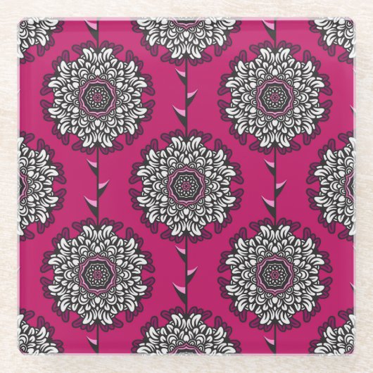 フローラグラフィック花ピンクシームレス ガラスコースター (正面)