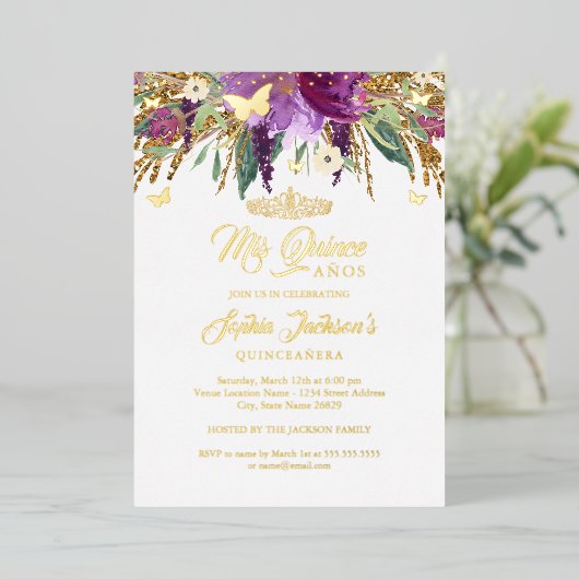 フローラグリッターきらめくアメジストキンセアニェラ 箔招待状 (立ち正面)