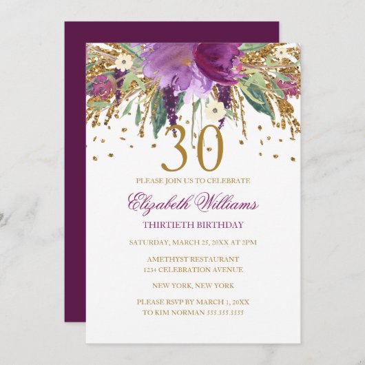 フローラグリッターきらめくアメジスト30th誕生日 招待状 (正面/裏面)