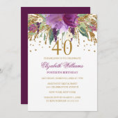 フローラグリッターきらめくアメジスト40th誕生日 招待状 (正面/裏面)