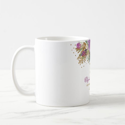 フローラグリッターきらめくアメジスト70番目誕生日 コーヒーマグカップ (左)