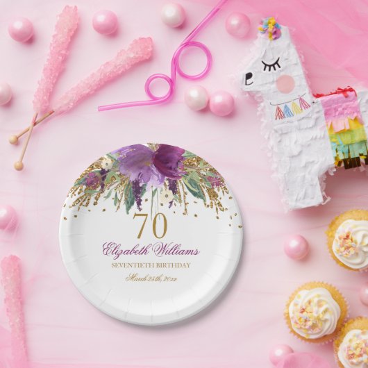 フローラグリッターきらめくアメジスト70番目誕生日 ペーパープレート (パーティー)