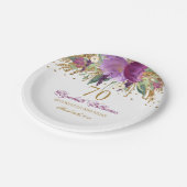 フローラグリッターきらめくアメジスト70番目誕生日 ペーパープレート (アングル)