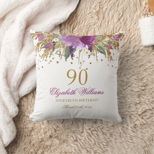 フローラグリッターきらめくアメジスト90番目誕生日 クッション (ブランケット)