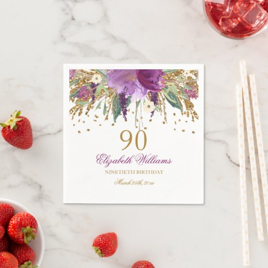 フローラグリッターきらめくアメジスト90番目誕生日 スタンダードカクテルナプキン (インサイチュ)