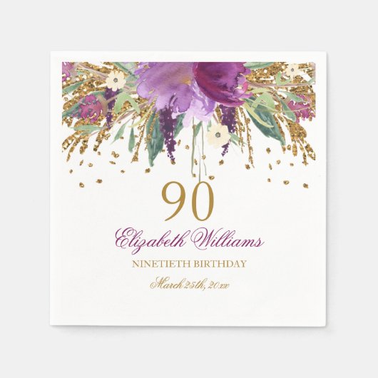 フローラグリッターきらめくアメジスト90番目誕生日 スタンダードカクテルナプキン (正面)