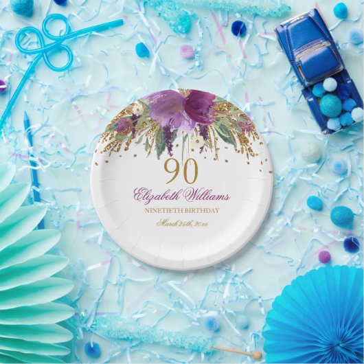 フローラグリッターきらめくアメジスト90番目誕生日 ペーパープレート (パーティー)