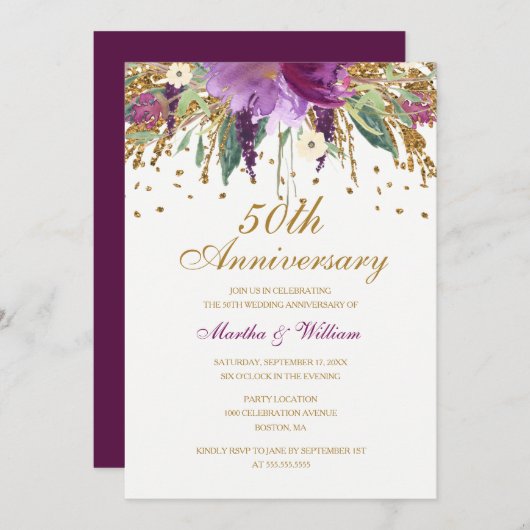 フローラグリッターアメジスト結婚50周年記念 招待状 (正面/裏面)