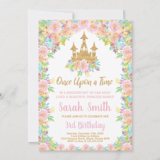 フローラグリッターゴールデンプリンセス誕生日招待状 招待状 (正面)