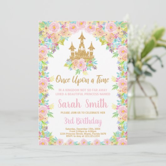 フローラグリッターゴールデンプリンセス誕生日招待状 招待状 (スタンド正面)