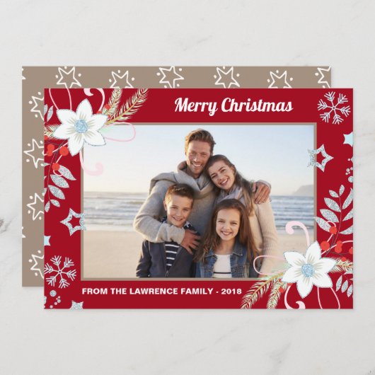フローラグリッタースノーフレーク赤いクリスマスフォト シーズンカード (正面/裏面)