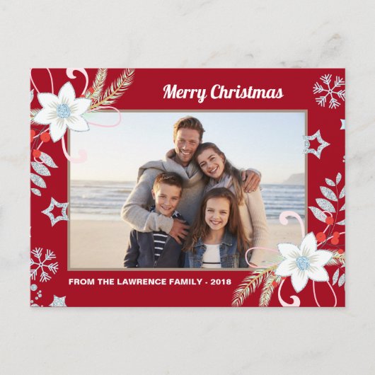 フローラグリッタースノーフレーク赤いクリスマスフォト シーズンポストカード (正面)