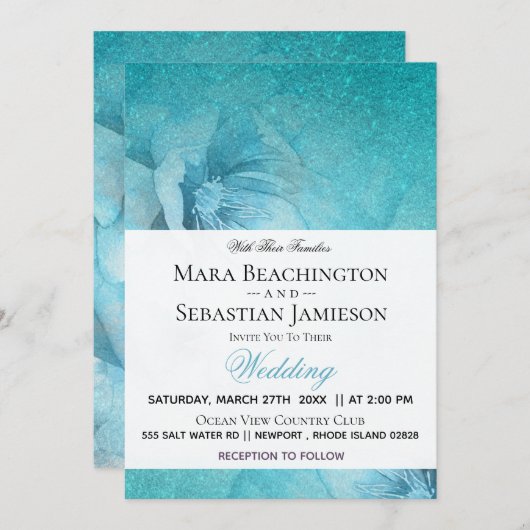 *~*フローラグリッターティール（緑がかった色）エレガントウェディング 招待状 (正面/裏面)