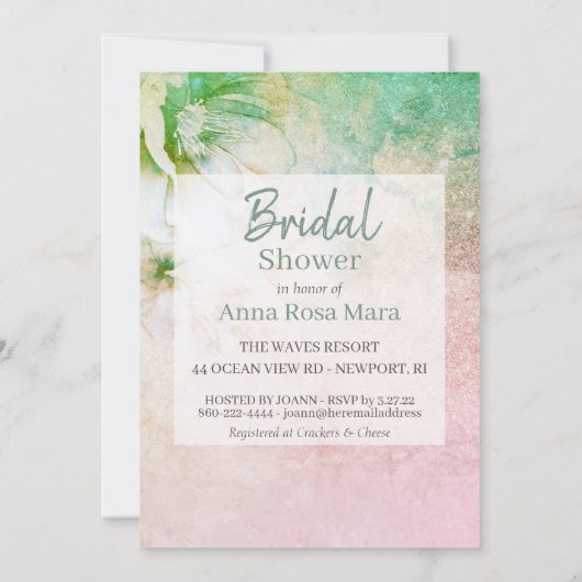 *~*フローラグリッターティール(緑がかった色)ピンクブライダルシャワー 招待状 (裏面)