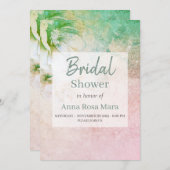 *~*フローラグリッターティール（緑がかった色）ピンクブライダルシャワー 招待状 (正面/裏面)