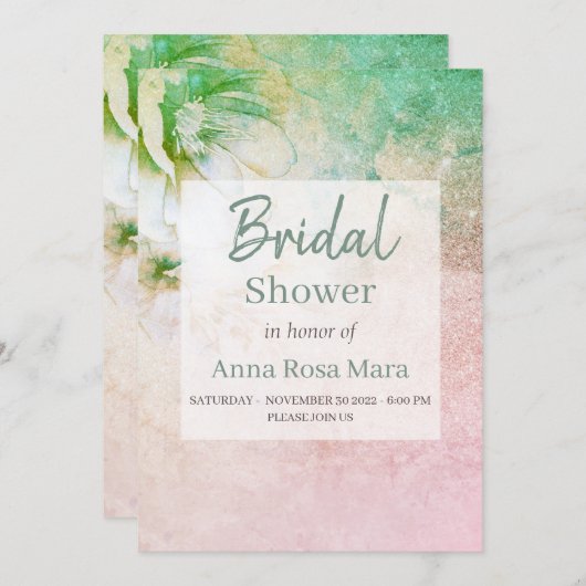 *~*フローラグリッターティール(緑がかった色)ピンクブライダルシャワー 招待状 (正面/裏面)