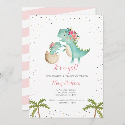 フローラグリッターピンク恐竜の赤ちゃんシャワー 招待状 (正面/裏面)