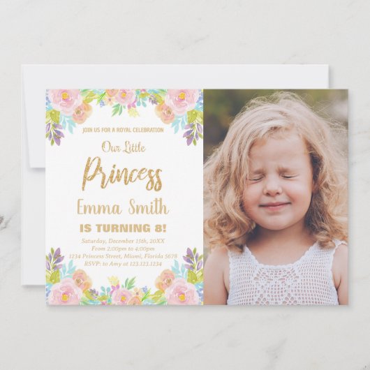 フローラグリッタープリンセス誕生日招待状写真 招待状 (正面)