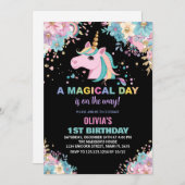 フローラグリッターユニコーン誕生日招待状 招待状 (正面/裏面)