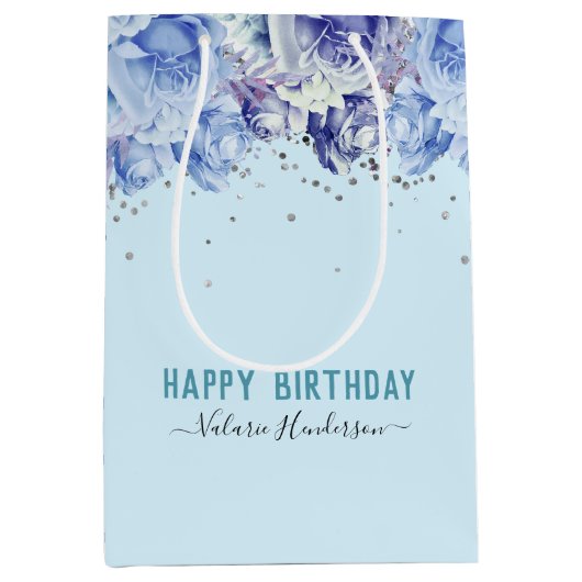 フローラグリッターライトブルーハッピーバースデー ミディアムペーパーバッグ (正面)