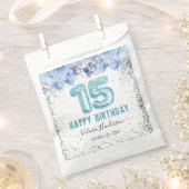 フローラグリッターライトブルーハッピー15th誕生日ファボ フェイバーバッグ (クリップ留めされた状態)