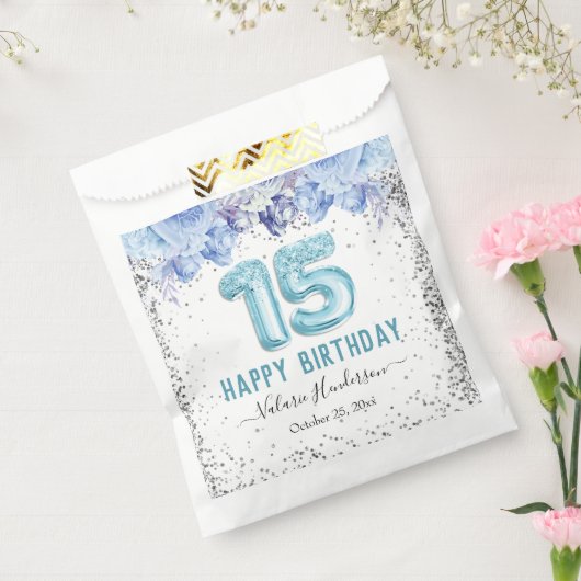 フローラグリッターライトブルーハッピー15th誕生日ファボ フェイバーバッグ (封をした状態)