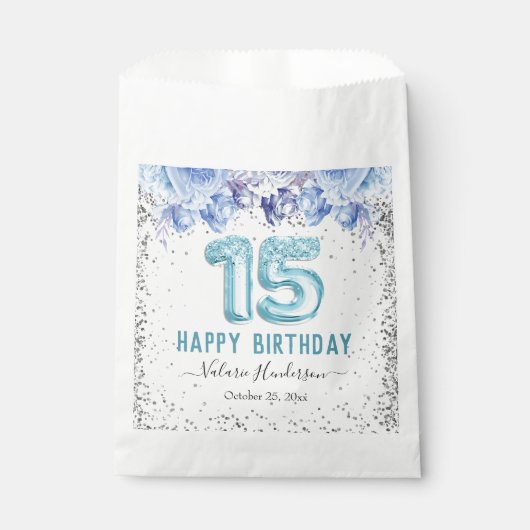 フローラグリッターライトブルーハッピー15th誕生日ファボ フェイバーバッグ (正面)