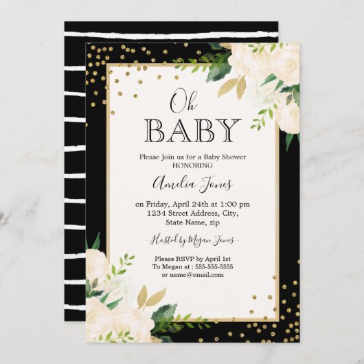 フローラグリッター金ゴールドストライプブラックOh Baby Shower 招待状 (正面/裏面)