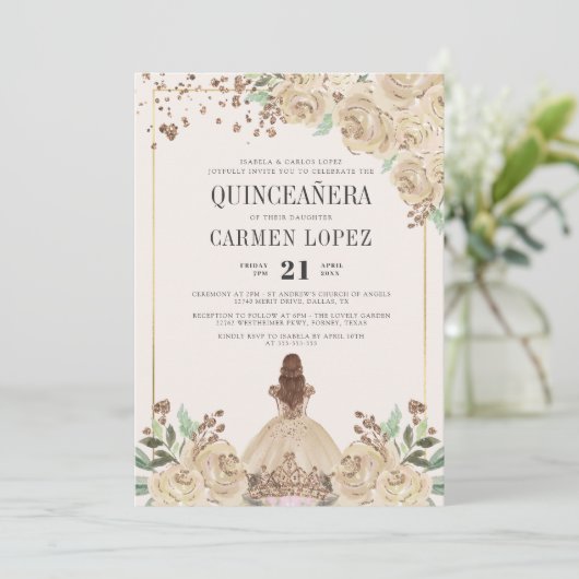 フローラグリッター金ゴールドプリンセス誕生日キンセアニェラ 招待状 (スタンド正面)