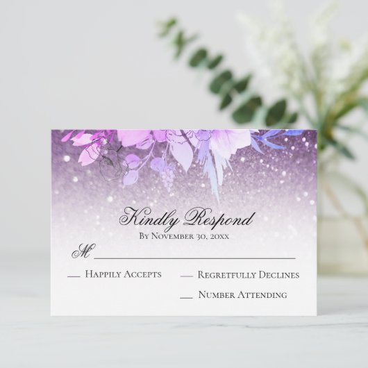 *~*フローラグリッターPurple モダン AR10結婚式の出欠確認 出欠カード (スタンド正面)
